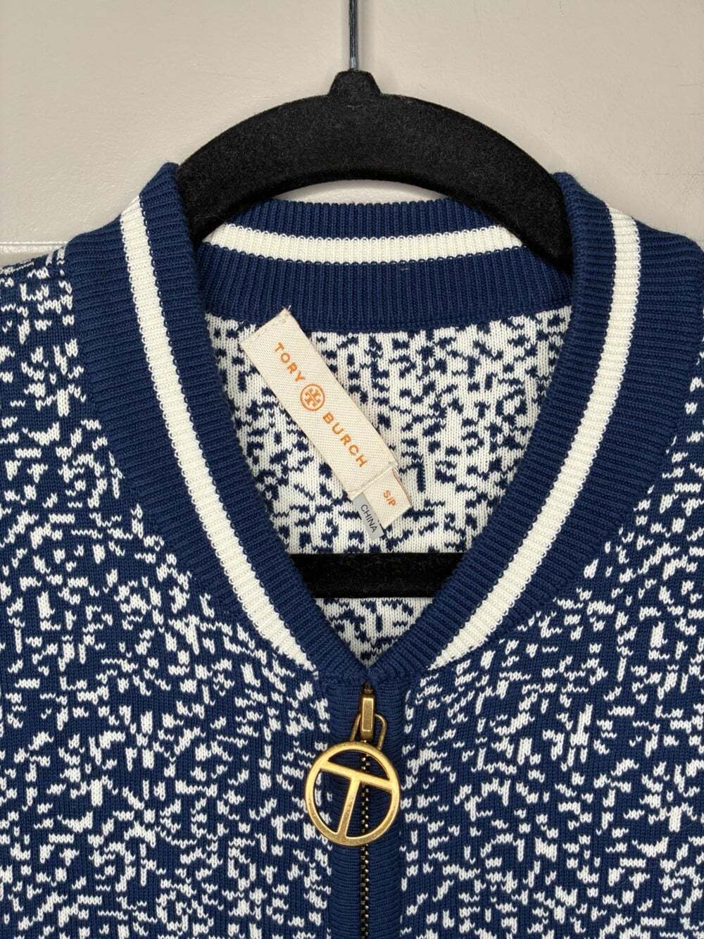 Tory Burch Leah Knitted Cotton Bomber Jacket in Navy Pattern Size Small - Picture 7 of 8